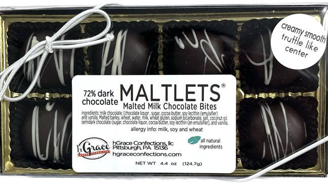 Malted Milk Chocolate MALTLETS crafted in a 72% Dark Chocolate decadence. 