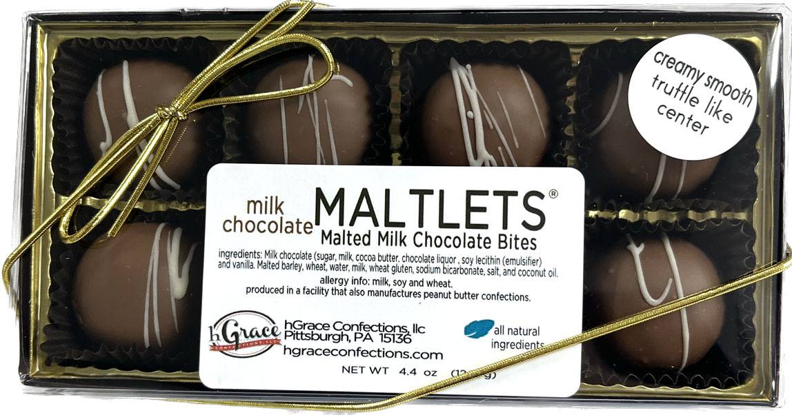 Signature chocolate confection aptly named MALTLETS. MALTLETS are creamy smooth malted milk chocolate centers coated in a gourmet all natural milk chocolate. 